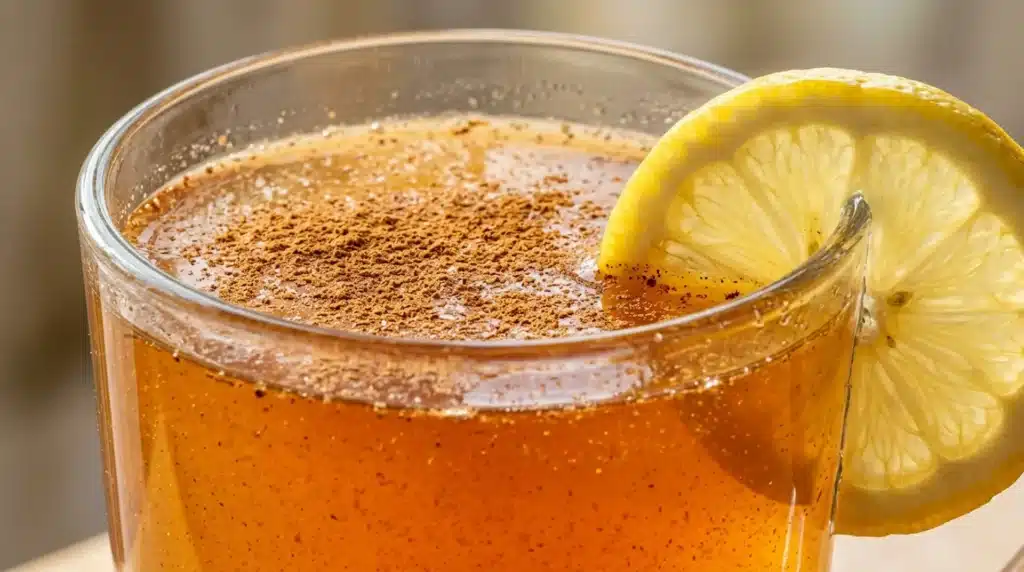 Gelatin Glycine GLP-1 Natural Protocol morning ritual glass with cinnamon and lemon on a clean surface