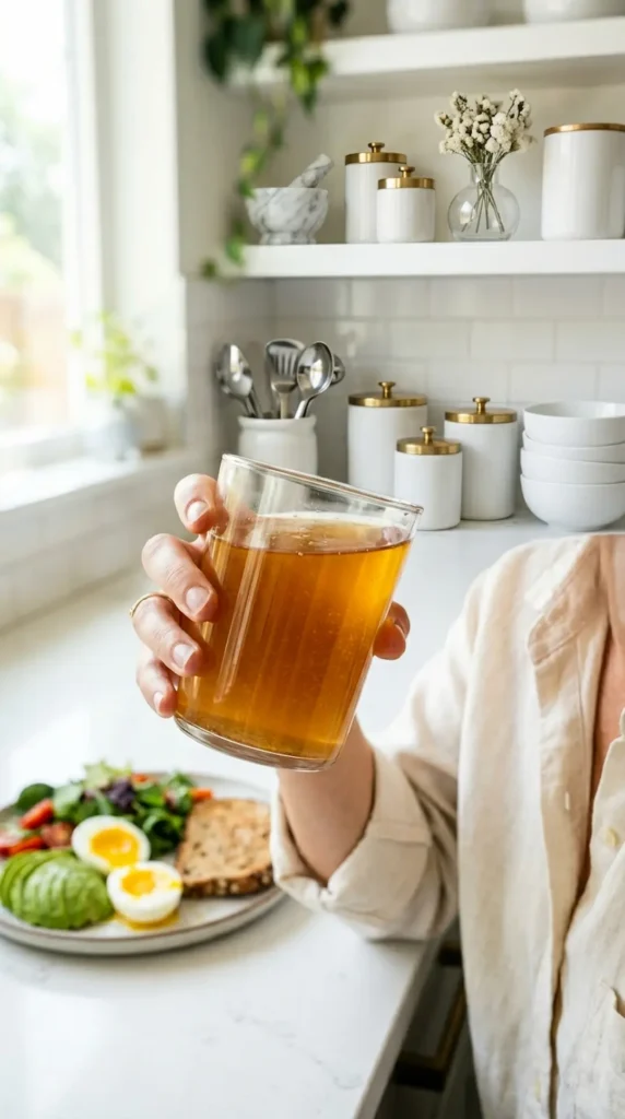 Person sipping the Gelatin Glycine GLP-1 Natural Protocol drink before a meal for fullness