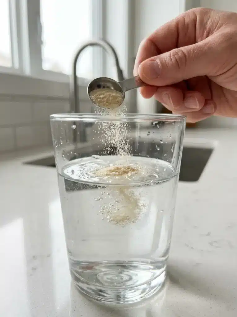 Hand sprinkling gelatin powder into warm water for the Gelatin Glycine GLP-1 Natural Protocol