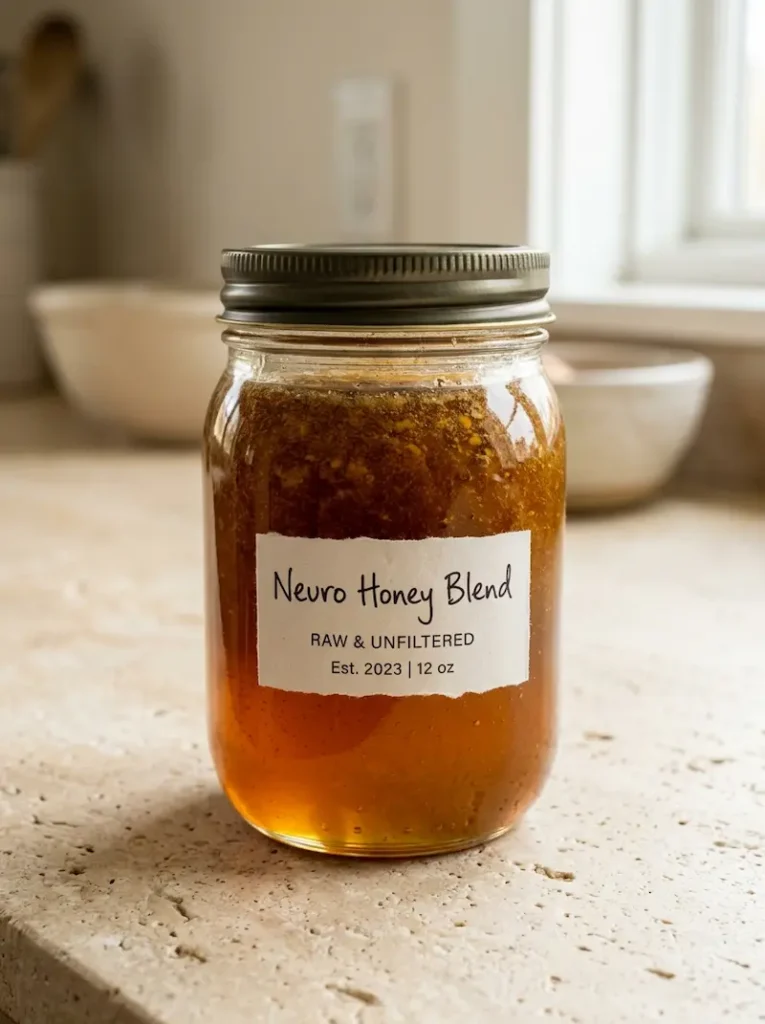 best neuro honey blend stored in sealed glass jar with label