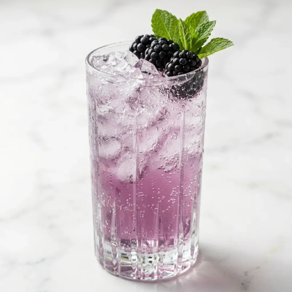 A sparkling, non-alcoholic blackberry mint julep mocktail with fresh berries.