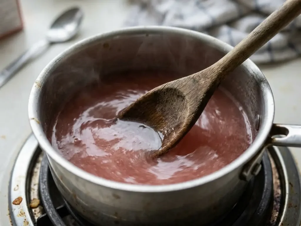 Stirring Bloomed Gelatin Into Warm Water – Dr William Li Gelatin Recipe Step 2 wooden spoon stirring bloomed gelatin dissolving into warm water in small saucepan for dr william li gelatin recipe weight loss step 2