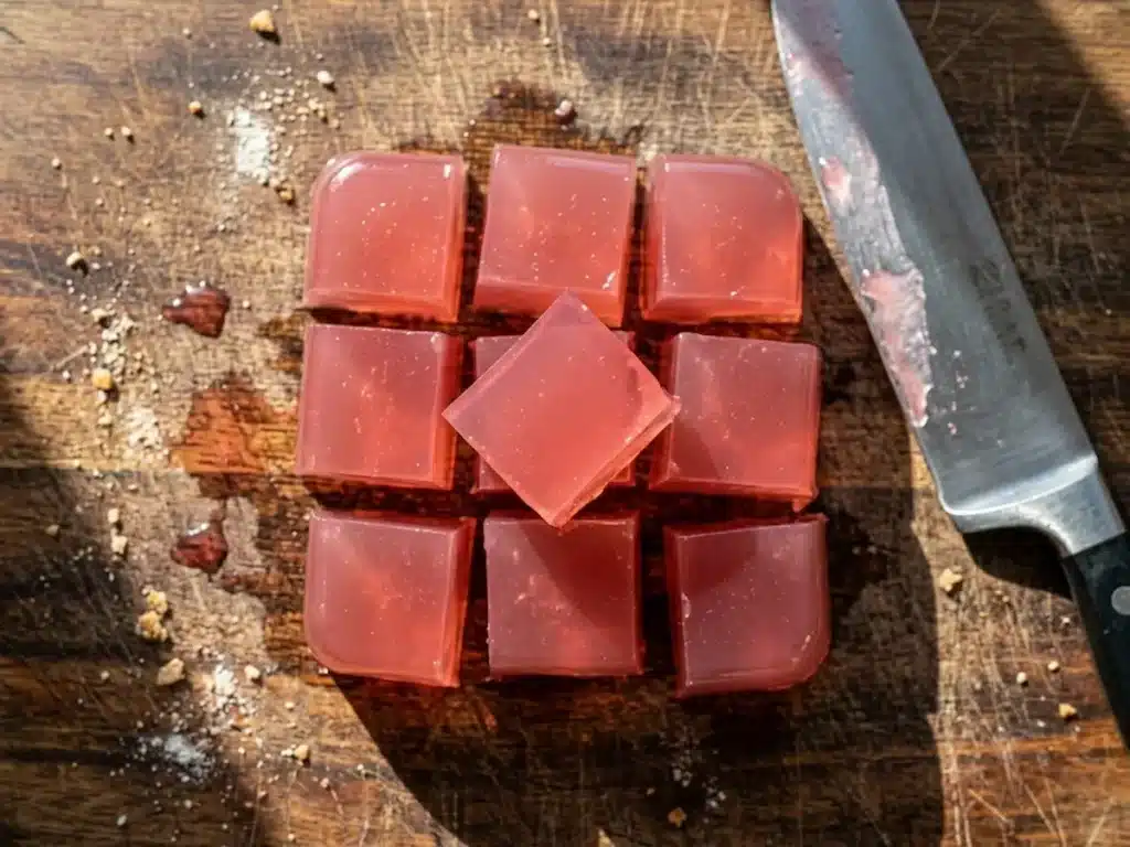 Finished Dr William Li Gelatin Recipe Pink Cubes Freshly Cut on Wooden Board freshly cut dr william li gelatin recipe for weight loss pink cubes on worn wooden cutting board knife beside them ready to serve