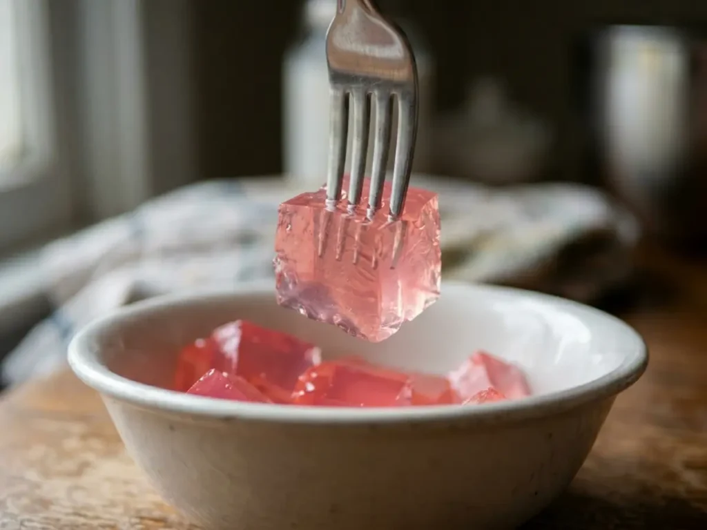 Fork Picking Up Dr William Li Gelatin Recipe Pink Cube From White Bowl Daily Snack fork spearing single wobbly pink gelatin cube from white bowl showing soft jiggly texture of dr william li gelatin recipe for weight loss daily snack