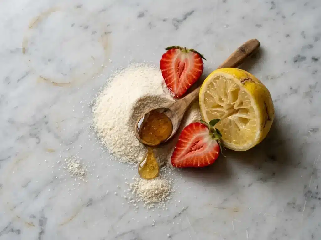 Dr William Li Gelatin Recipe Ingredients – Gelatin Powder Strawberries Honey and Lemon dr william li gelatin recipe for weight loss ingredients showing unflavored gelatin powder fresh strawberries honey and lemon on kitchen counter