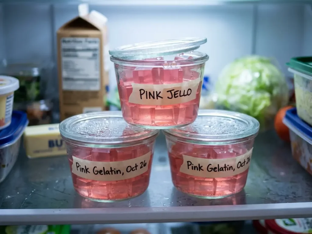 Dr William Li Gelatin Recipe Weekly Meal Prep Glass Containers Inside Fridge glass containers filled with dr william li gelatin recipe for weight loss pink cubes stored in refrigerator for weekly meal prep monday to friday