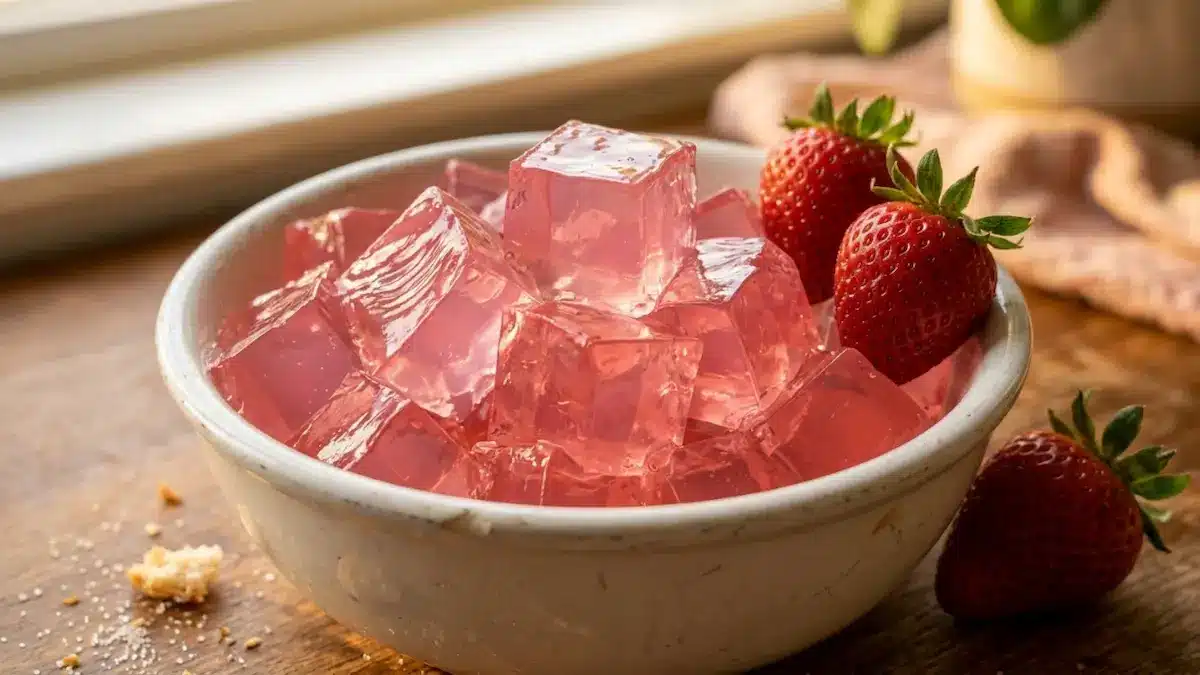 dr william li gelatin recipe for weight loss pink wobbly cubes served in white ceramic bowl with fresh strawberries