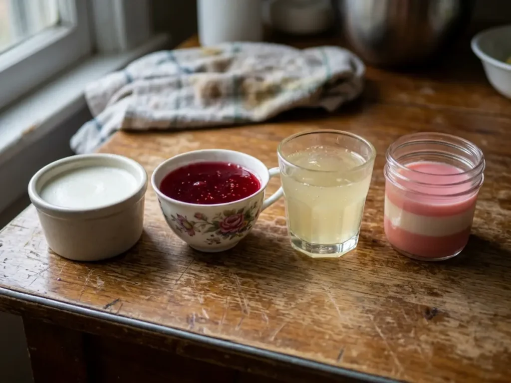 Dr William Li Gelatin Recipe Variations – Four Flavors in Ramekins Pink Berry Citrus and Plain four variations of dr william li gelatin recipe for weight loss in mismatched ramekins showing plain pink citrus and layered versions on wooden table