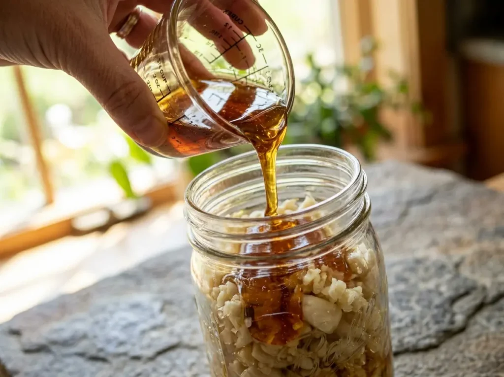 Pouring raw honey over garlic cloves in a jar 