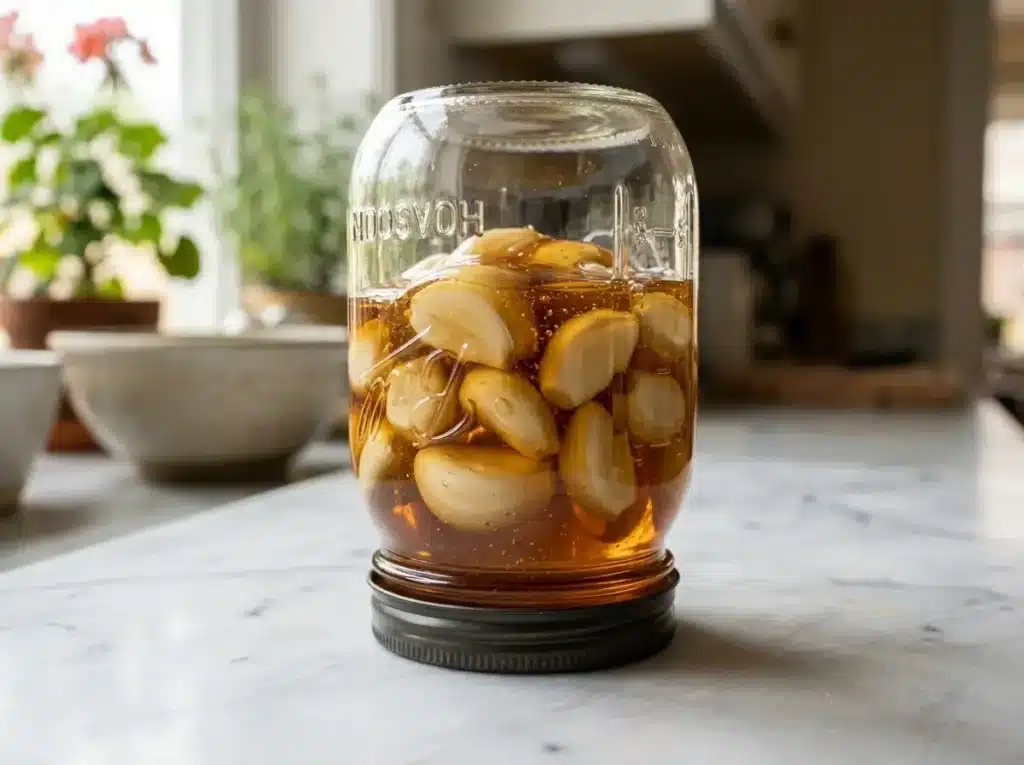 Inverting the sealed jar to coat garlic with honey