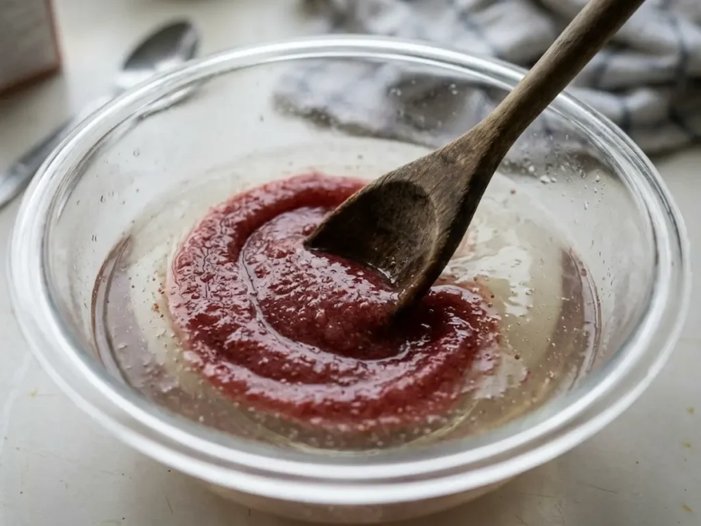 Strawberry Puree Swirling Into Gelatin – Dr William Li Pink Gelatin Recipe Step 3 dark pink strawberry puree swirling into clear gelatin liquid mid-stir for dr william li pink gelatin recipe variation step 3