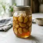 A glass mason jar of Dr William Li Honey fermenting with raw garlic