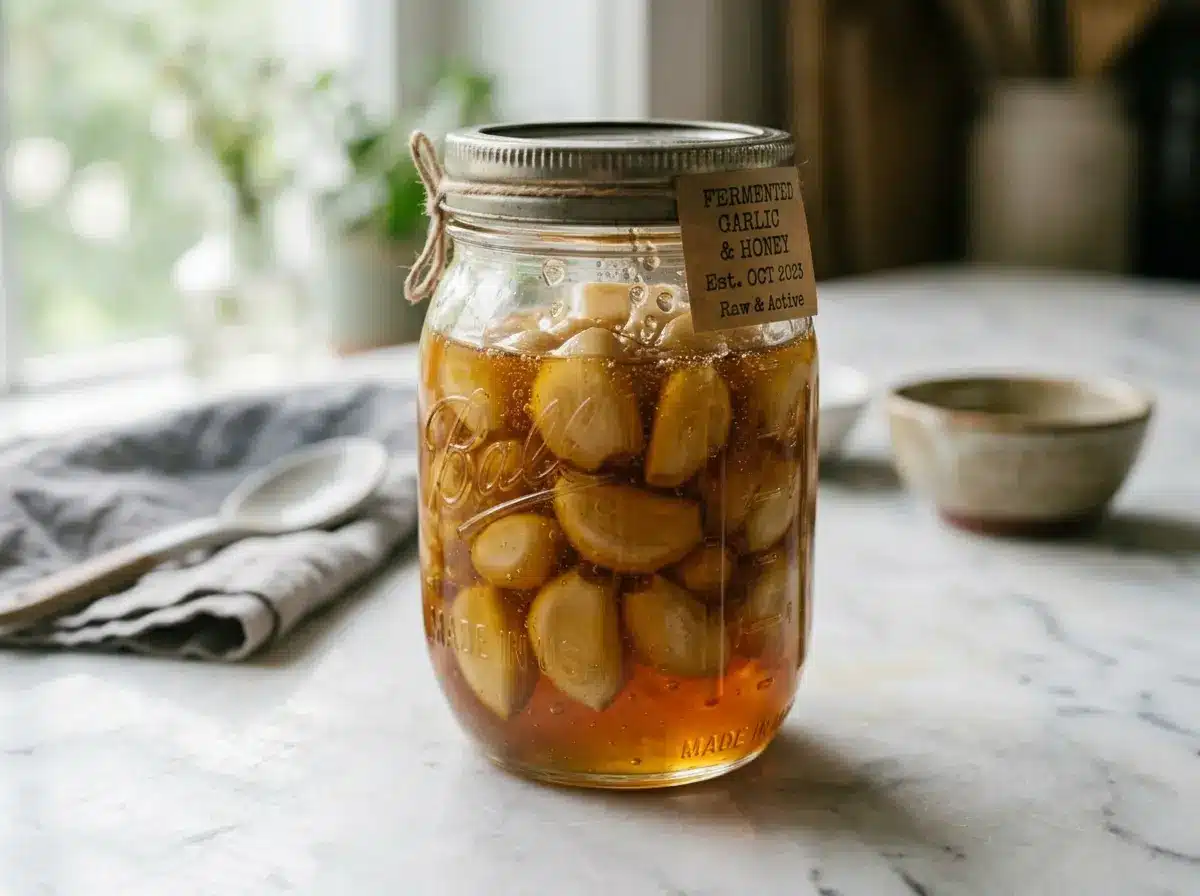 A glass mason jar of Dr William Li Honey fermenting with raw garlic