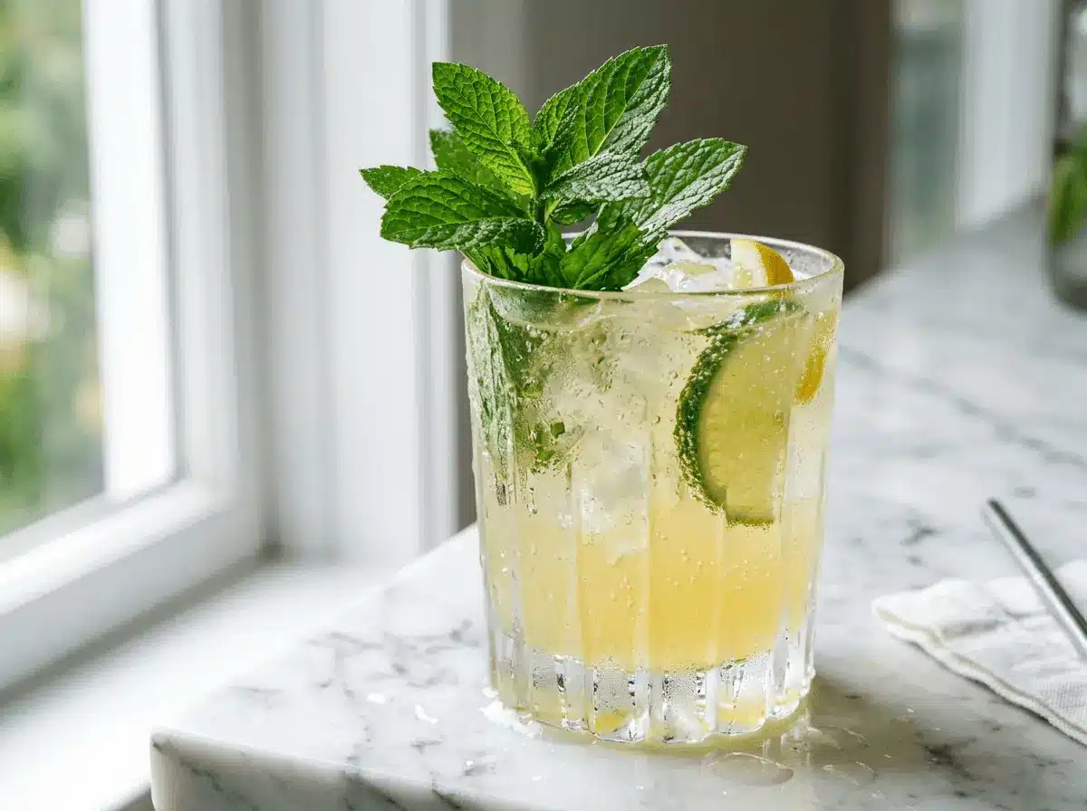 Frosted silver cup filled with a non-alcoholic mint julep mocktail, crushed ice, and fresh mint on a marble counter.