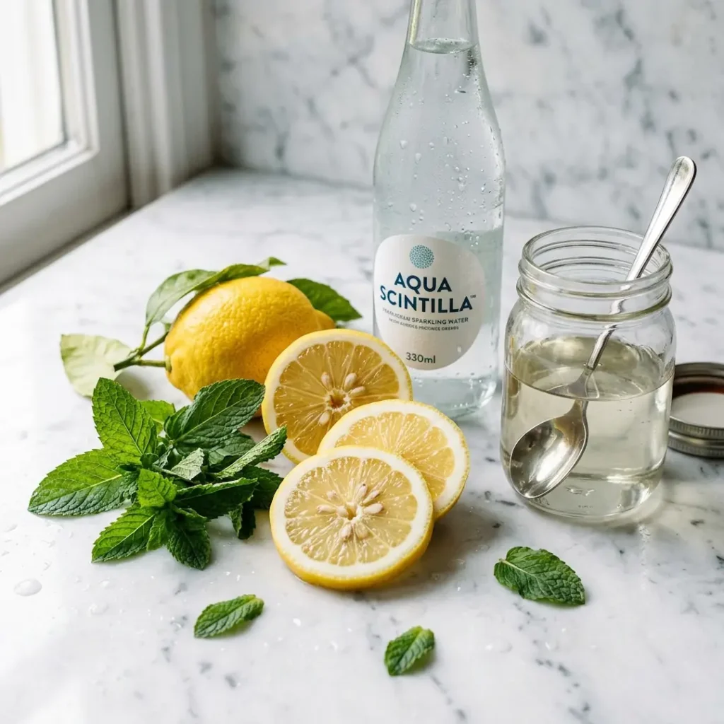 Fresh lemons, spearmint leaves, simple syrup, and sparkling water laid out on a marble surface.