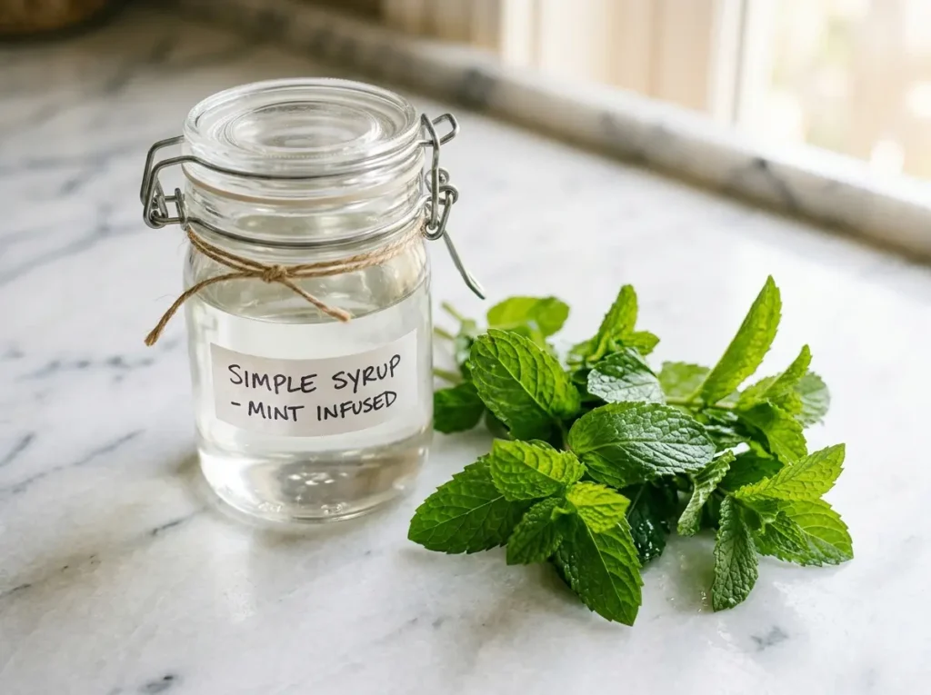 Clear simple syrup in a glass jar next to fresh spearmint leaves.