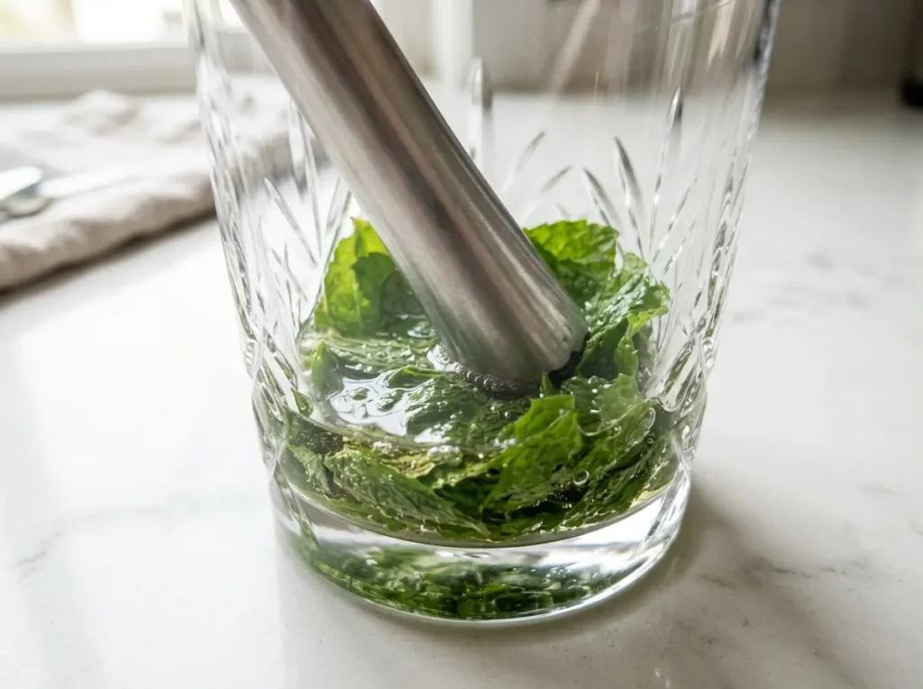 Gently muddling fresh mint leaves with simple syrup to release essential oils without bitterness.