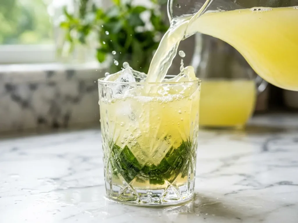 Fresh lemonade pouring over muddled mint leaves for a zero-proof mint julep.
