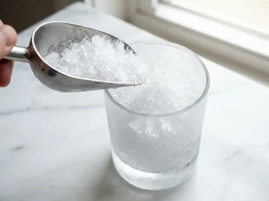 Packing crushed ice tightly into a glass for a frosty citrus mocktail.