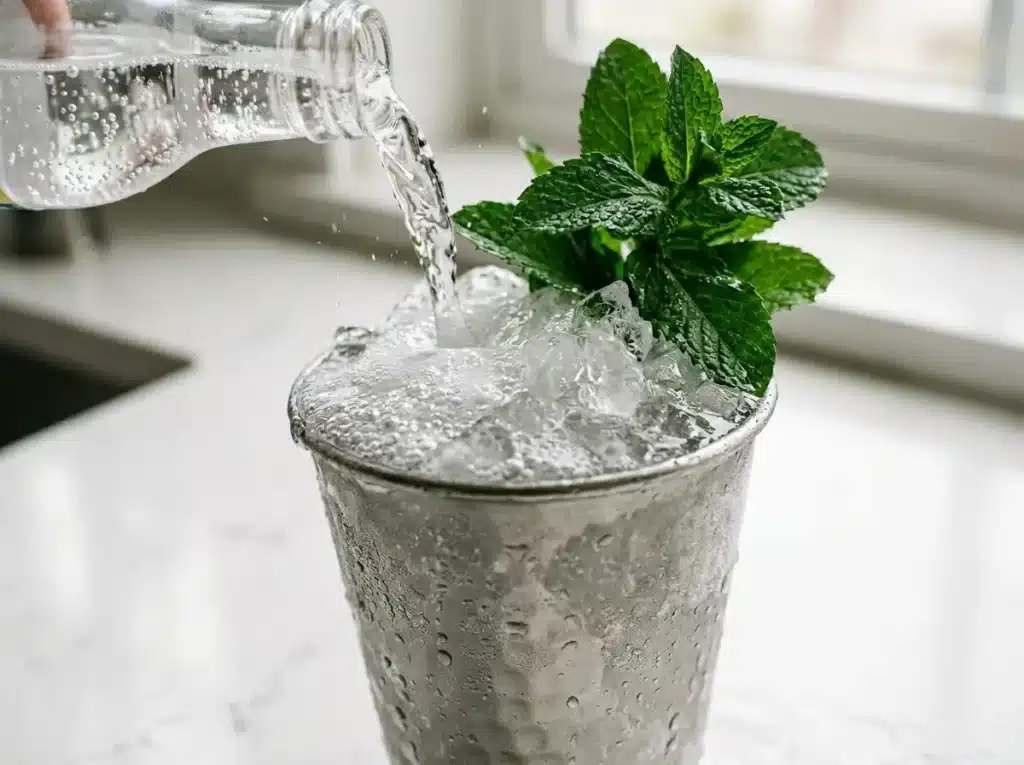 Club soda poured over a completed non-alcoholic mint julep garnished with spearmint.