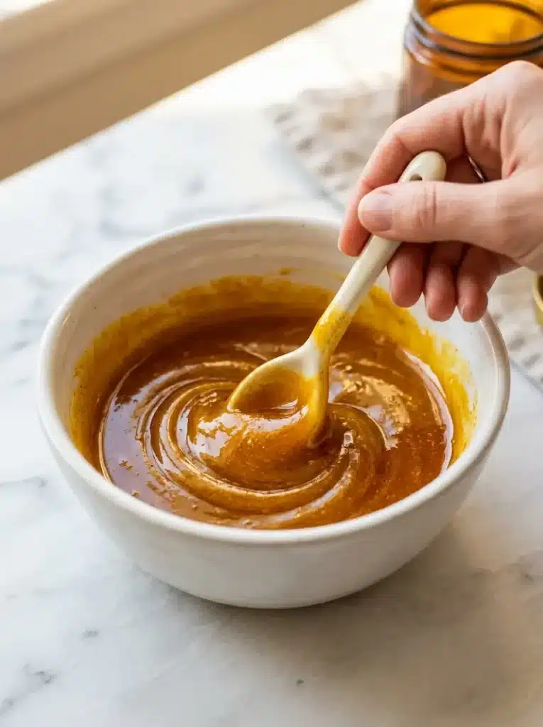 mixing neuro honey blend recipe in white ceramic bowl with spoon