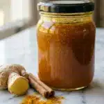 neuro honey blend recipe in a sealed glass jar with turmeric and ginger
