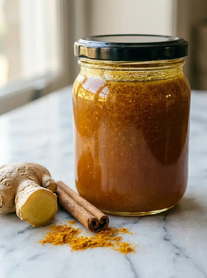 neuro honey blend recipe in a sealed glass jar with turmeric and ginger