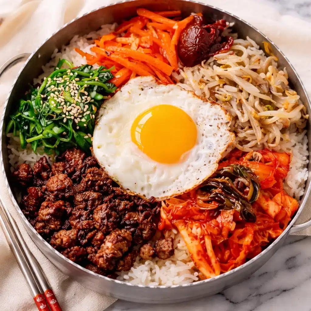 Easy Korean beef bibimbap bowl with rice, bulgogi beef, vegetables, and egg.