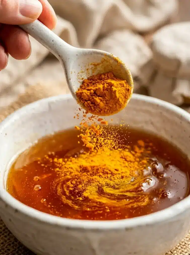 turmeric powder being added to raw honey for neuro honey blend brain health