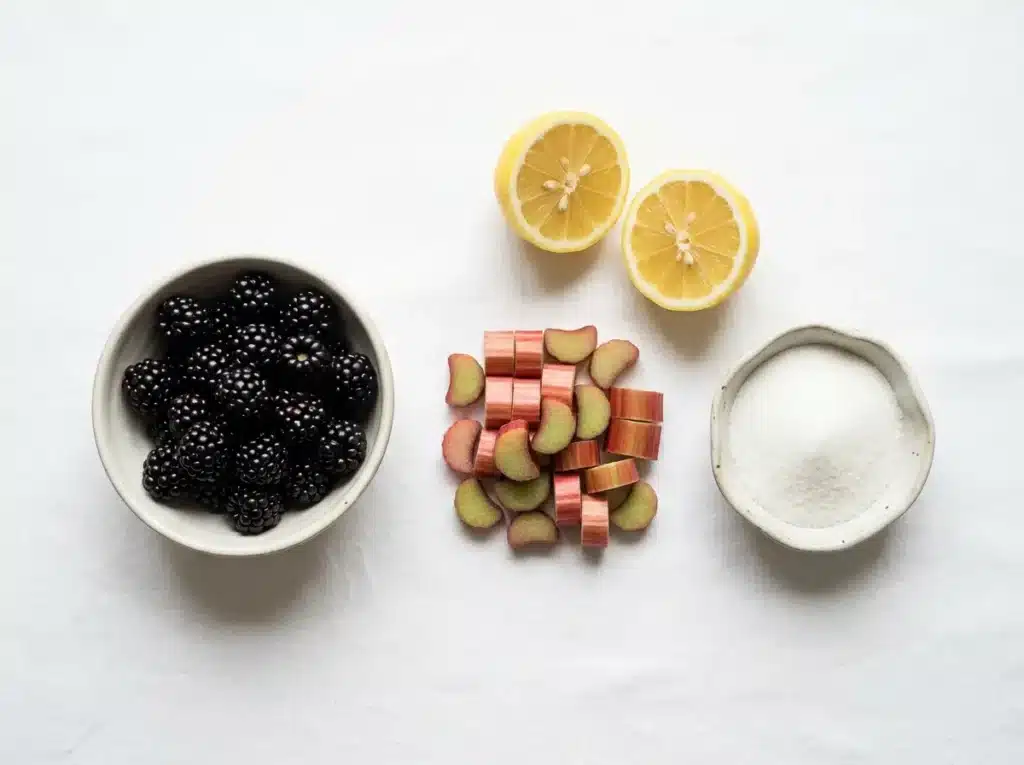 Blackberry Rhubarb Jam Ingredients Blackberry rhubarb jam ingredients including fresh blackberries, rhubarb stalks, sugar, and lemon on white background