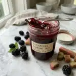 Easy Blackberry Rhubarb Jam Recipe: Classic, Low Sugar & Canning-Safe 5 Easy blackberry rhubarb jam recipe in a glass jar with fresh blackberries and rhubarb stalks on a white surface