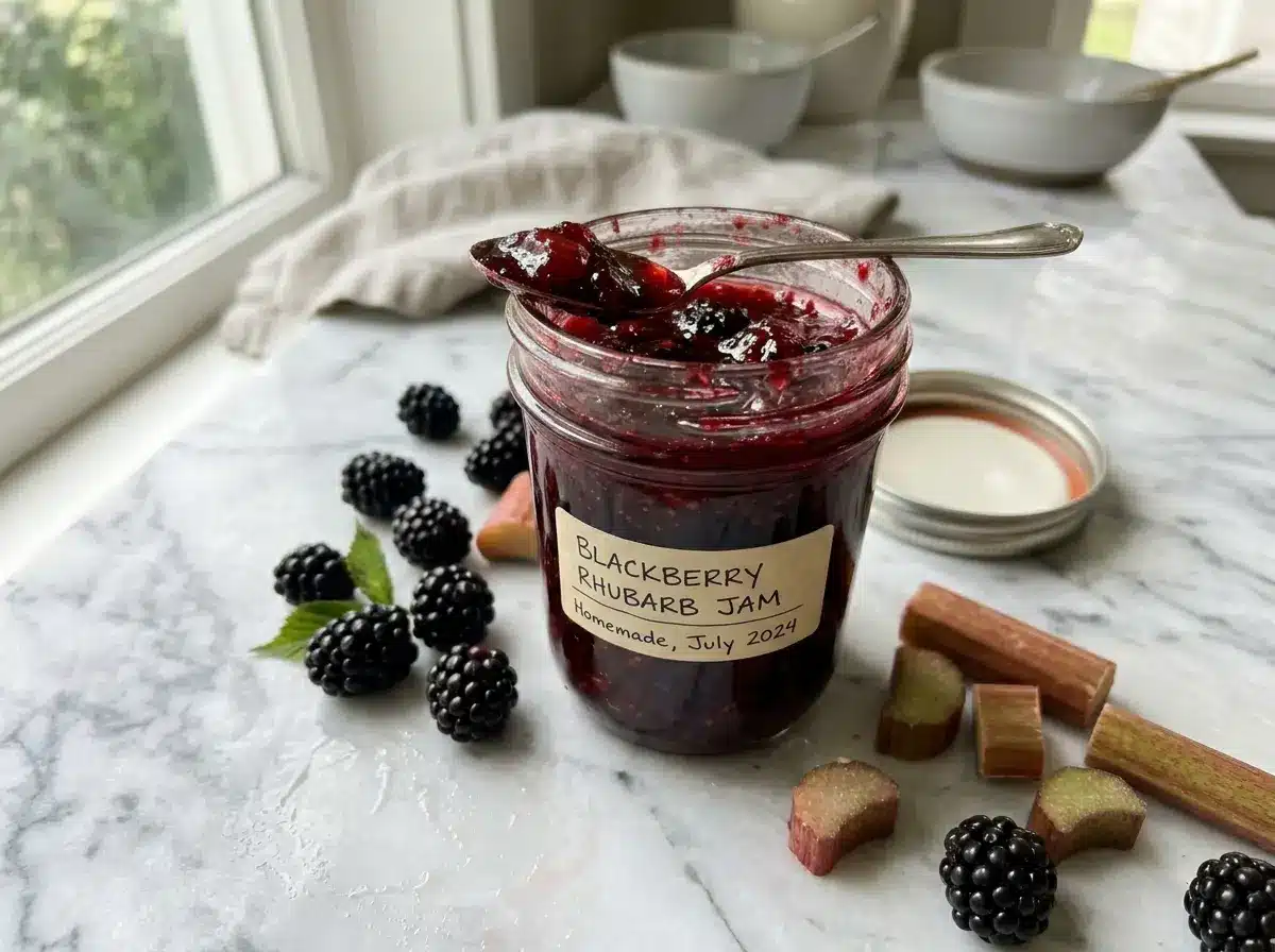 Easy blackberry rhubarb jam recipe in a glass jar with fresh blackberries and rhubarb stalks on a white surface