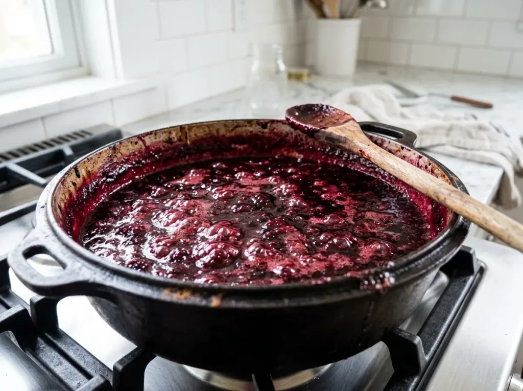Cooking Blackberry Rhubarb Jam on Stovetop Blackberry rhubarb jam bubbling and cooking in a pot on the stovetop