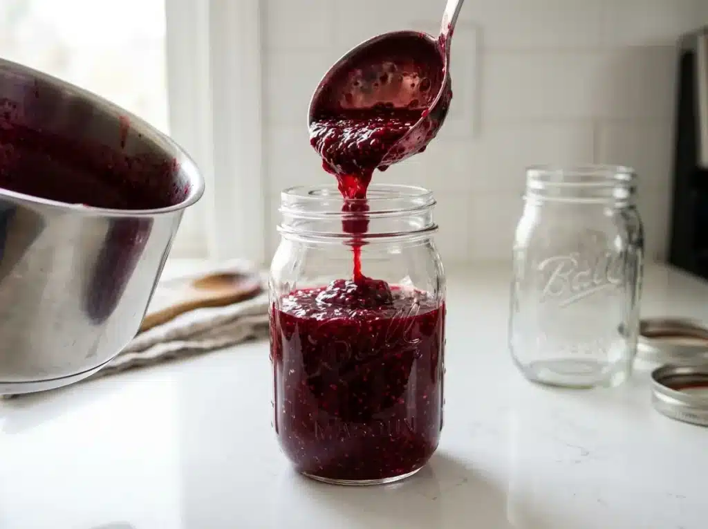 Ladling Blackberry Rhubarb Jam Into Jars Ladling hot blackberry rhubarb jam into sterilized glass jars