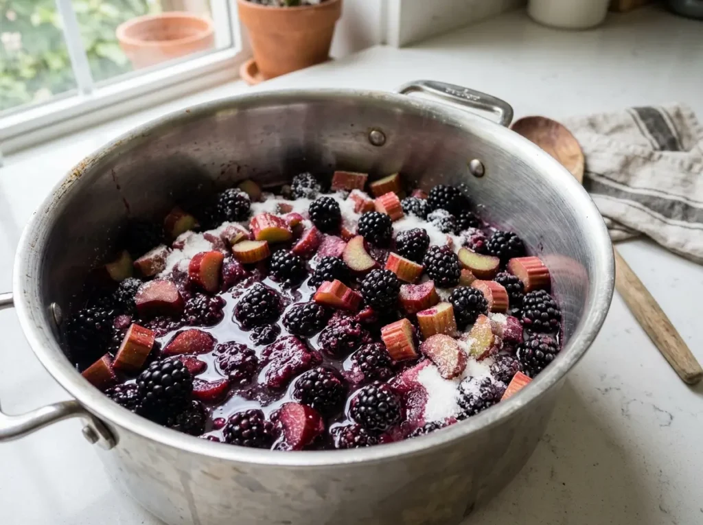 Macerating Fruit for Blackberry Rhubarb Jam Blackberries and rhubarb macerating in sugar in a large pot before cooking