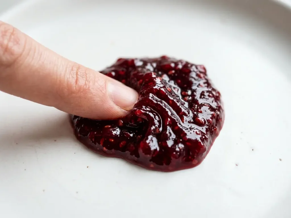 Easy Blackberry Rhubarb Jam Recipe: Classic, Low Sugar & Canning-Safe 6 Cold plate gel test for blackberry rhubarb jam showing jam wrinkling when pushed