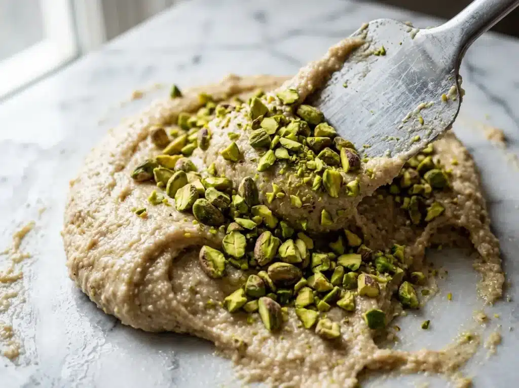 Adding chopped pistachios to the warm halva mixture.