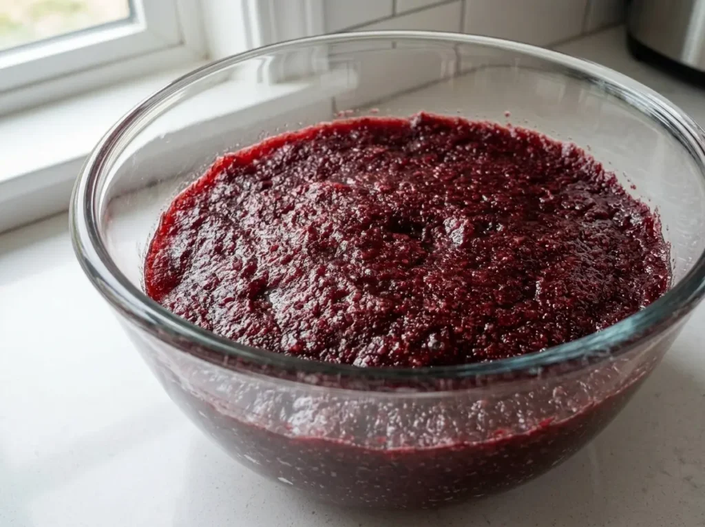 blooming-unflavored-gelatin-cranberry-juice Close up of thick, dark red bloomed gelatin paste in a glass bowl.
