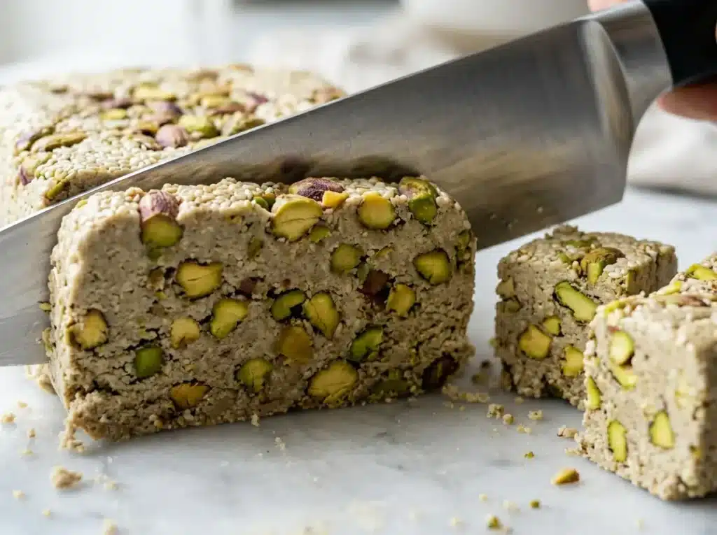 Slicing perfectly set homemade halva.