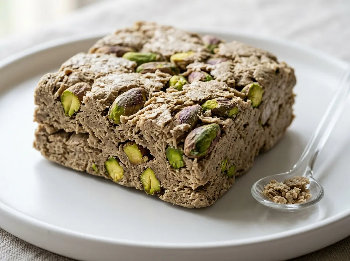 Authentic pistachio halva recipe on a white plate.