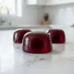 5 Foolproof Jillian Michaels Gelatin Gummies: Pre-Meal Appetite Control 3 Three firm dark red Jillian Michaels gelatin gummies on a white marble counter for appetite control.