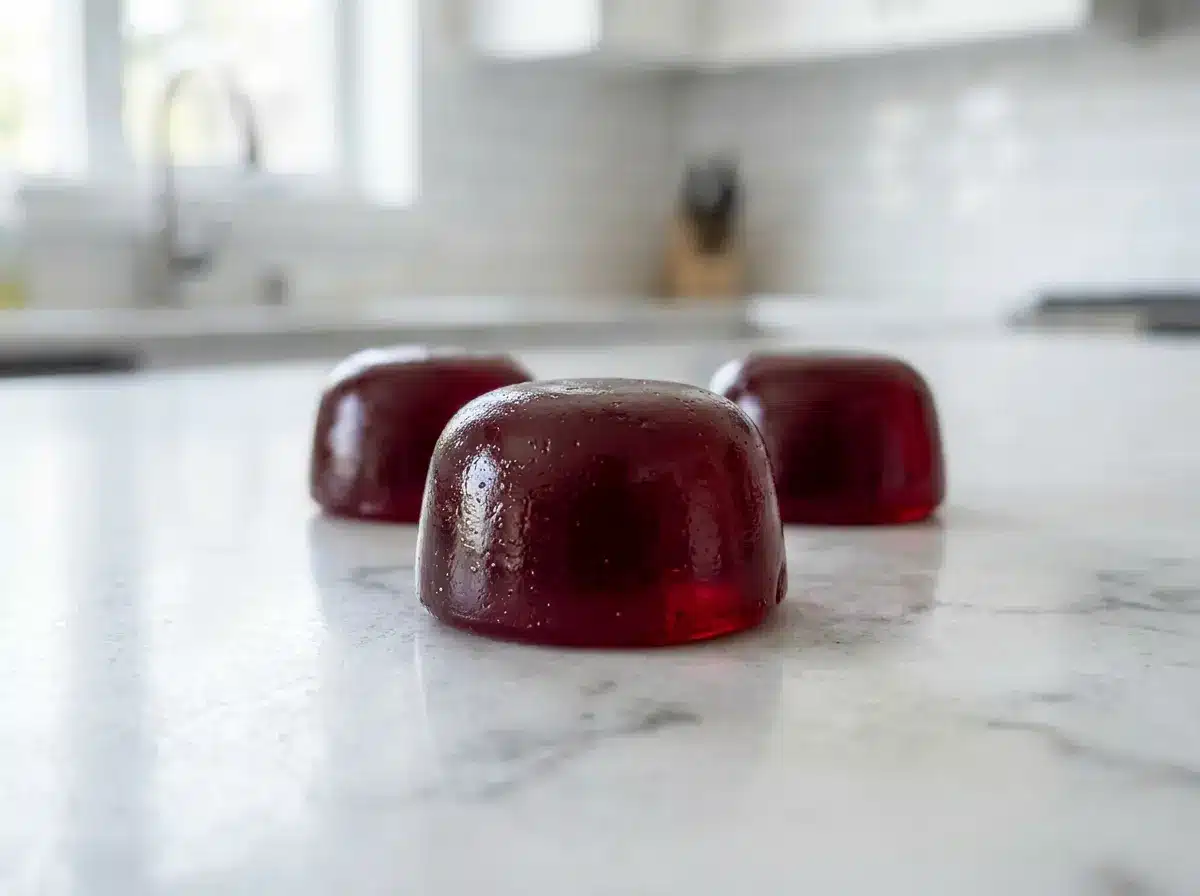Three firm dark red Jillian Michaels gelatin gummies on a white marble counter for appetite control.
