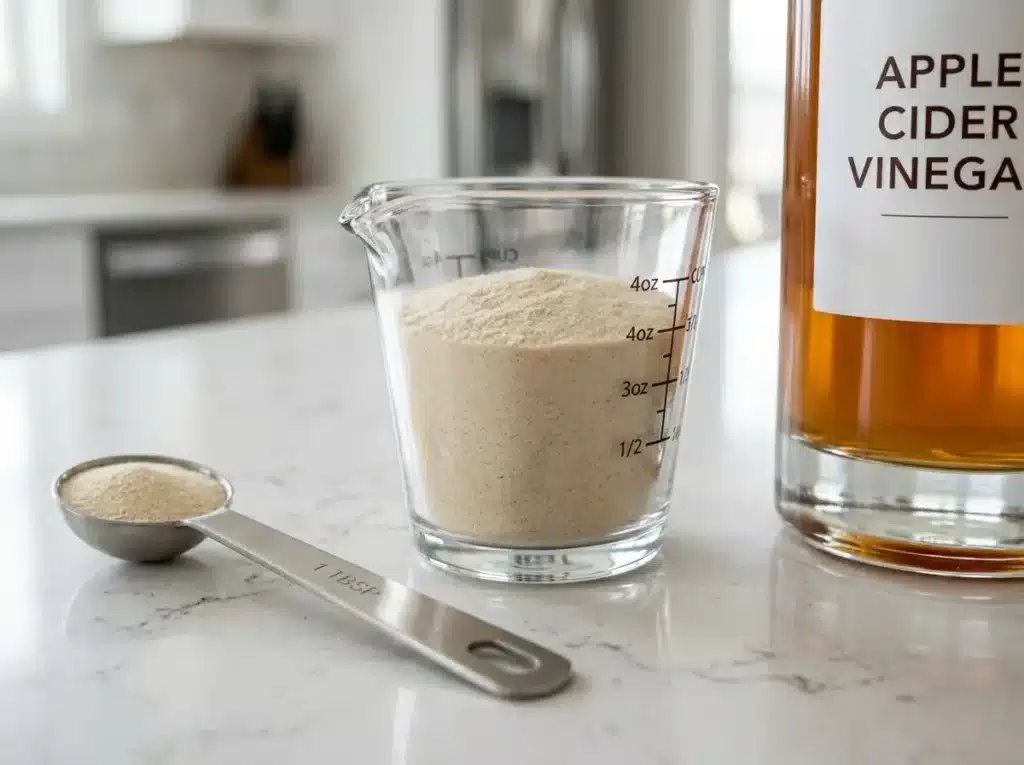 jillian-michaels-gelatin-gummies-ingredients Unflavored gelatin powder in a modern glass measuring cup next to apple cider vinegar.