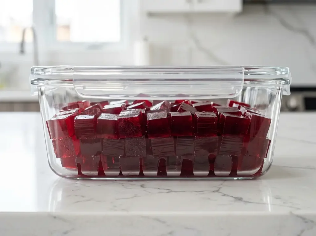 meal-prep-gelatin-gummies-storage Glass meal prep container filled with dark red Jillian Michaels gelatin meal prep cubes.