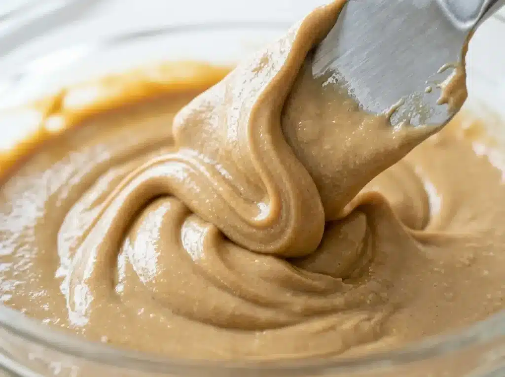 Mixing pure tahini for the halva recipe base.