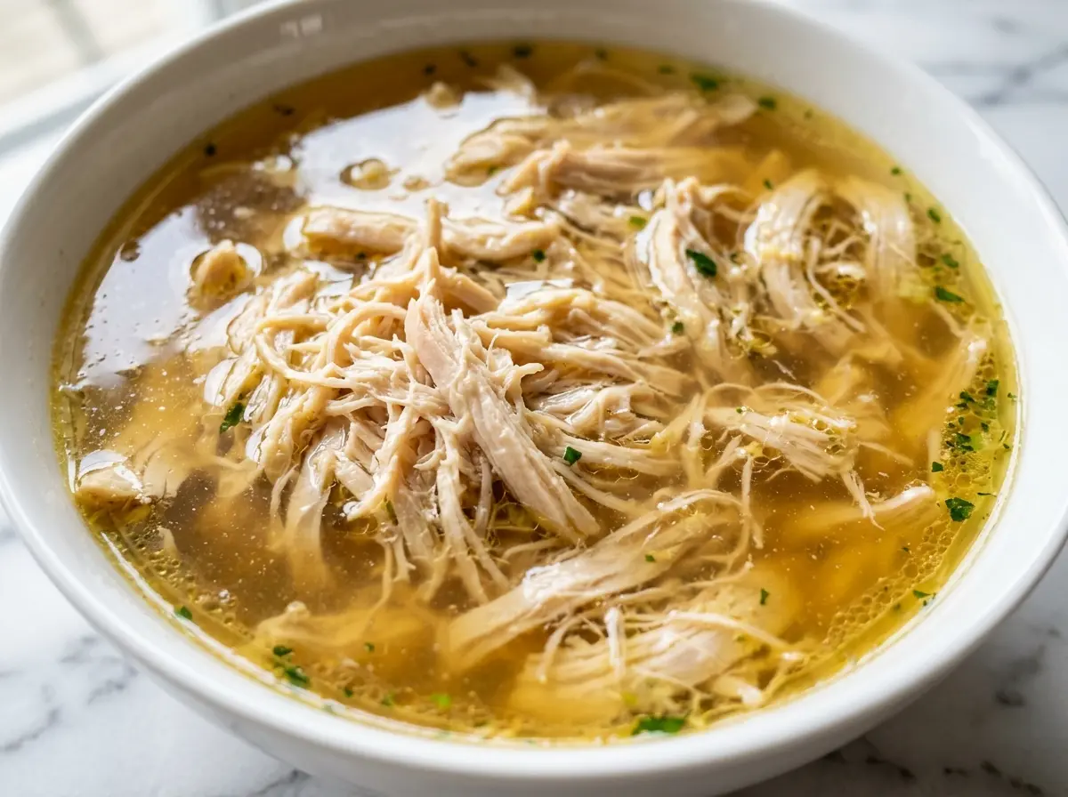 Close-up of clear ginger chicken broth, a perfect Ozempic nausea recipe.