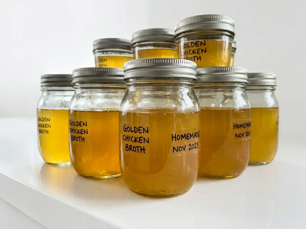 ozempic-nausea-recipe-prep Glass jars filled with clear chicken broth for Ozempic nausea recipe meal prep.