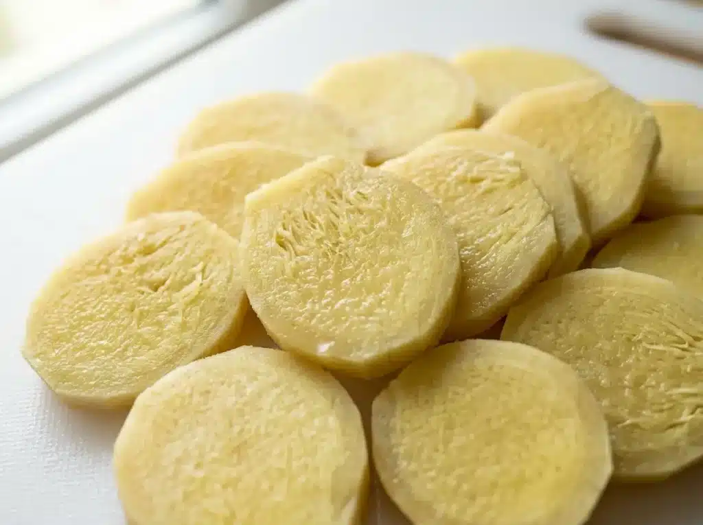 ozempic-nausea-recipe-step-1 Slicing fresh ginger root into thick coins for an Ozempic nausea recipe.