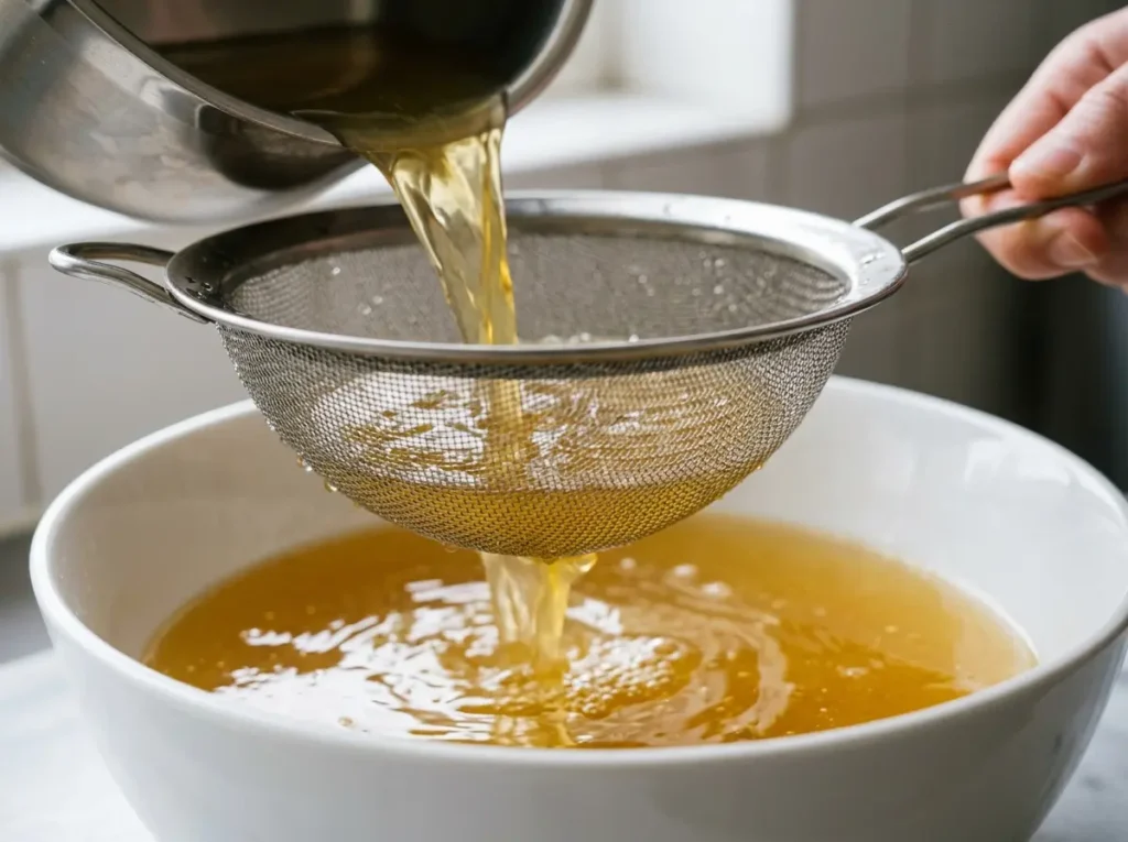 ozempic-nausea-recipe-step-4 Straining clear golden chicken broth for an Ozempic nausea recipe.