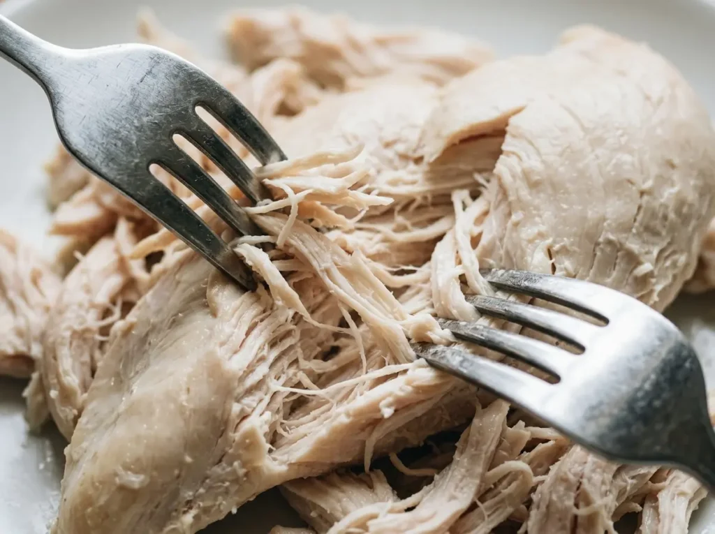 ozempic-nausea-recipe-step-5 Shredding cooked chicken breast for a high-protein Ozempic nausea recipe.
